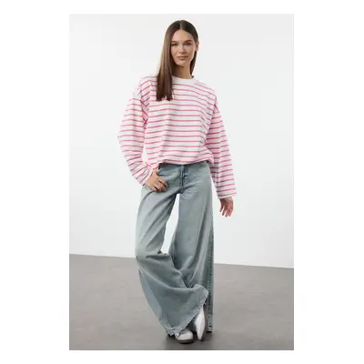 Trendyol Pink Striped Oversize/Wide Cut Crew Neck Thin Knitted Sweatshirt