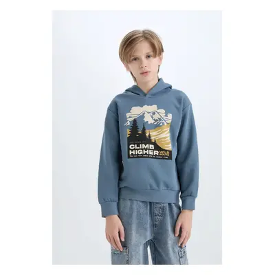 DEFACTO Boy's Regular Fit Hooded Printed Sweatshirt