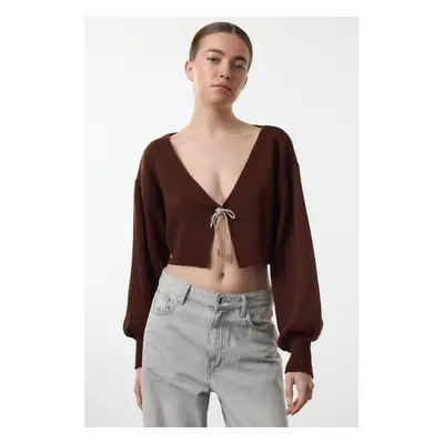 Trendyol Brown Super Crop Basic Bow Knit Cardigan