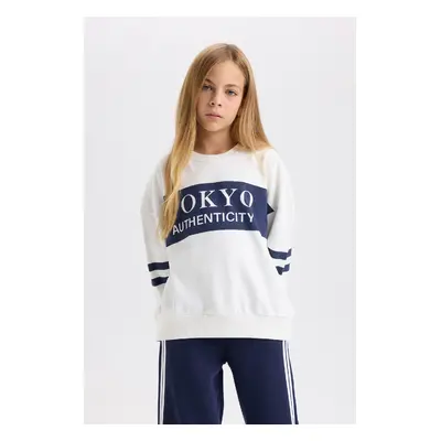 DEFACTO Girl Oversize Wide Pattern Crew Neck Striped Sweatshirt