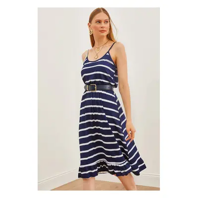 Olalook Women's Navy Blue Striped Thin Strap Elastic Waist Knitted Viscose Dress