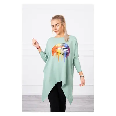 Oversized blouse with a dark mint lip print