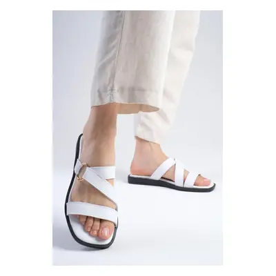 Mio Gusto Genuine Leather White Color Blunt Toe Women's Flat Slippers