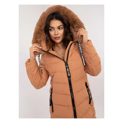 Brown long winter jacket with stitching