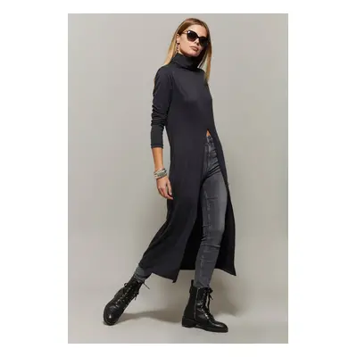 Cool & Sexy Women's Anthracite Turtleneck Long Slit Tunic