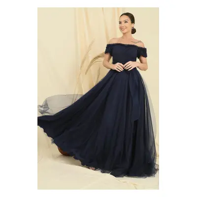 By Saygı Frilly Belted Collar And Sleeves Lined Long Tulle Dress