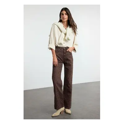 Trendyol Brown Suede Look Leopard Patterned High Waist Wide Leg Jeans