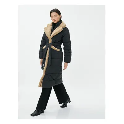 Koton Long Puffer Jacket with Belted Plush Detail