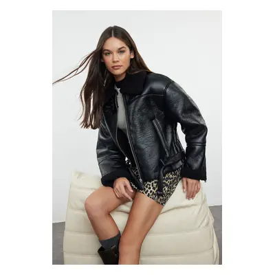 Trendyol Black Plush Detailed Faux Leather Biker Jacket Coat