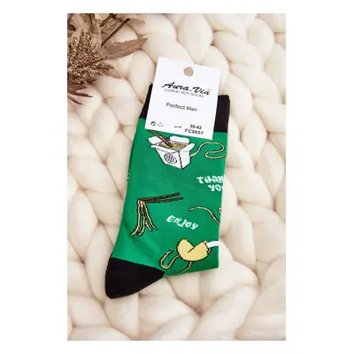 Men's socks with Asian noodle patterns, green