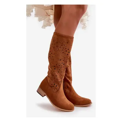 Openwork women's low-heeled boots eco suede zippered Camel Orchides