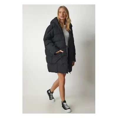 Happiness İstanbul Women's Black Oversized Down Jacket with a Hoodie