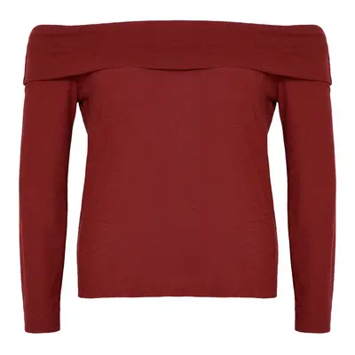 Trendyol Curve Claret Red Carmen Collar Knitted Plus Size Blouse