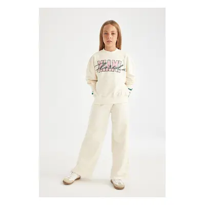 DEFACTO Girls 2-Piece Set Crew Neck Printed Sweatshirt Wide Leg Tracksuit Bottoms