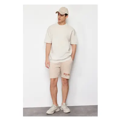 Trendyol Stone Regular/Normal Cut Brooklyn-City Embroidered Solid Fabric Shorts with Elastic Wai