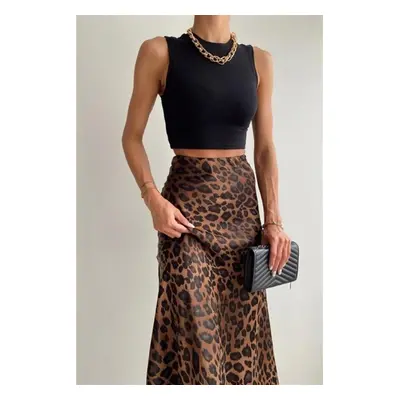 68223 Dewberry Leopard Pattern Satin Midi Length Skirt-BLACK-BROWN