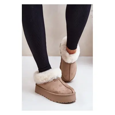 Low shin snow boots with fur on a platform made of eco-suede dark beige Neathoria