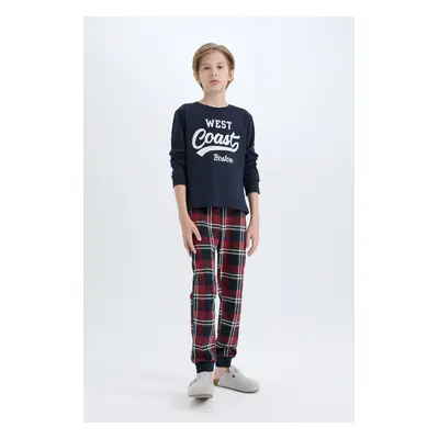 DEFACTO Boy's Pajama Set Crew Neck Printed Long Sleeve Top Plaid Long Bottom