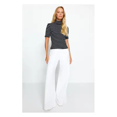 Trendyol Black Striped Standing Collar Fitted/Simple Short Sleeve Flexible Ribbed Knitted Blouse