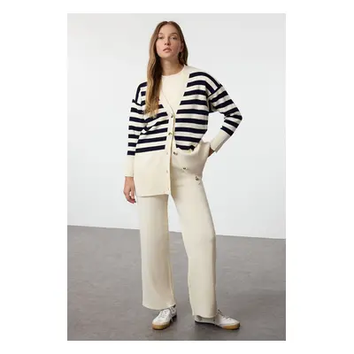 Trendyol Stone Button Detailed Jacquard Striped Cardigan Trousers Knitwear Bottom-Top Set