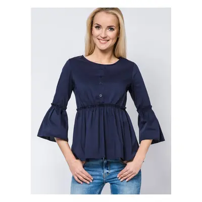 Blouse with frills and lace-up neckline navy blue