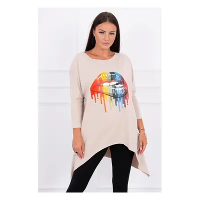 Oversize blouse with beige rainbow lip print