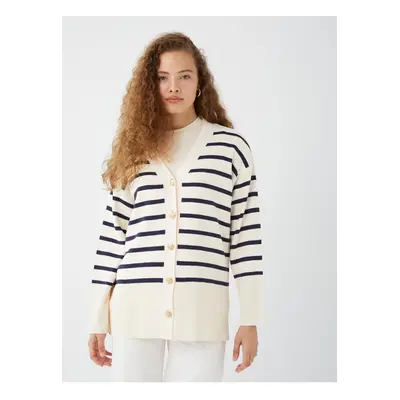 LC Waikiki V-nyakú csíkos hosszú ujjú női kötöttáru Cardigan