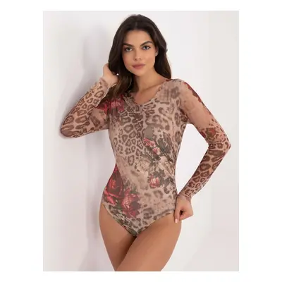 Beige mesh bodysuit with print