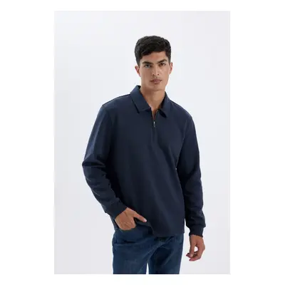 DEFACTO Regular Fit Polo Collar Half Zipper Basic Plain Sweatshirt