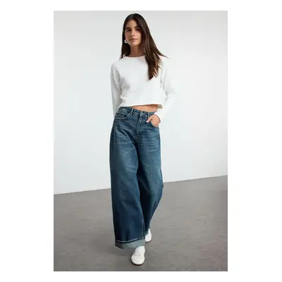 Trendyol Dark Blue High Waist Folded Leg Baggy Balloon Jeans