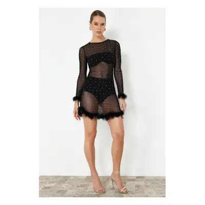 Trendyol Black, Fitted, Unlined, Shiny Stoned, Knitted Tulle Short, Elegant Evening Dress