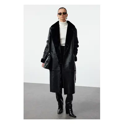 Trendyol Black Oversize Wide Cut Belted Fur Collar Detail Long Faux Leather Coat