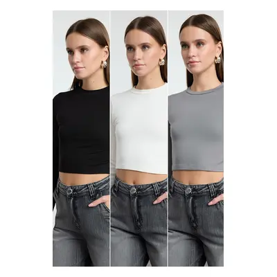 Trendyol Black-White-Mink Striped 3-Pack Crop Fitted/Body-Smoothing Knitted Blouse