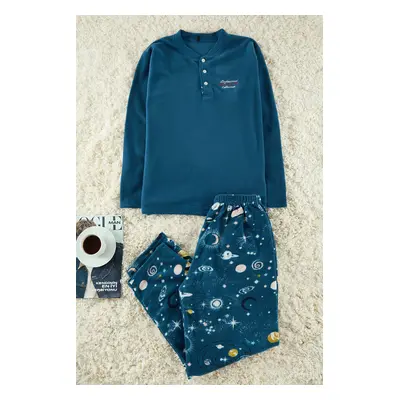 Trendyol Indigo Fleece Soft Textured Knitted Pajamas Set