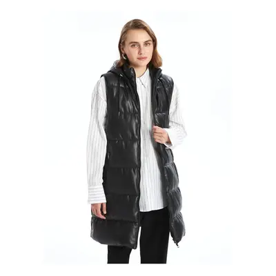 LC Waikiki Hooded Plain Leather Look Women's Puffer Vest