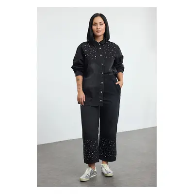 Trendyol Curve Black Stoned Plus Size Denim Shirt