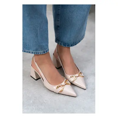 NİŞANTAŞI SHOES Daphne Beige Patent Leather Accessory Detailed Pointed Toe Women's High Heeled S