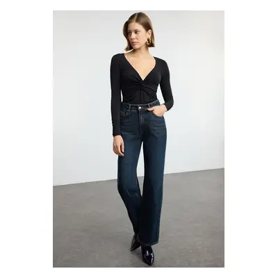 Trendyol Black Gathered/Drape Detailed Fitted/Body-Smoothing Long Sleeve Flexible Knitted Blouse