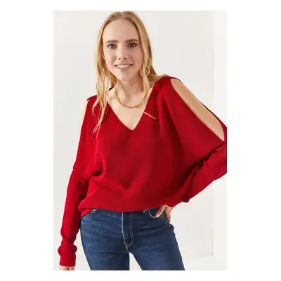 Olalook Women's Burgundy V-Neck Decollete Loose Knitwear Blouse