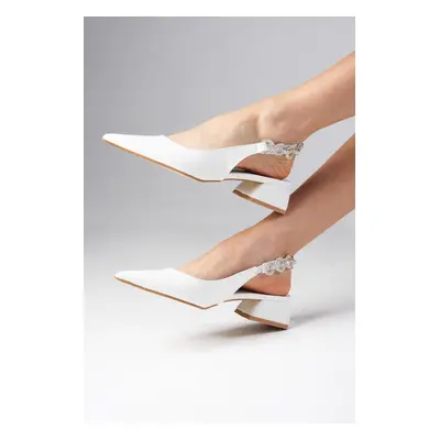 Mio Gusto Sophie White Women's Short Heeled Shoes with Open Back Stone Band.