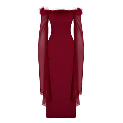 Trendyol Burgundy Sleeve Detailed Otrish Long Elegant Night Evening Dress