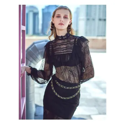 Koton Lace Blouse High Neck Frilly Balloon Sleeve Sheer