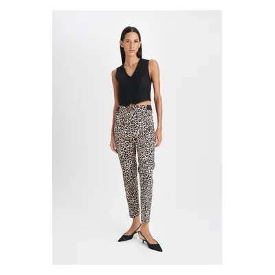 DEFACTO Cigarette Satin Trousers Leopard Patterned Regular Waist Elasticated Straight Leg