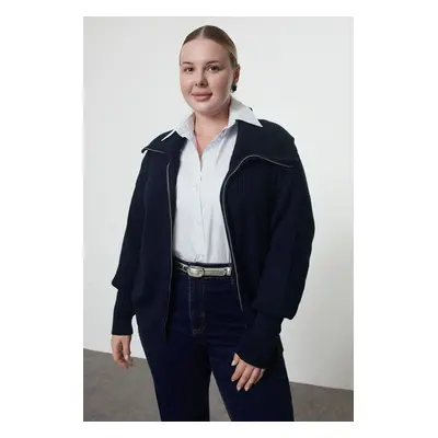 Trendyol Curve Navy Blue Turn-down Collar Zippered Crop Knitwear Cardigan