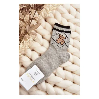 Patterned Women's Socks With Teddy Bear, Grey