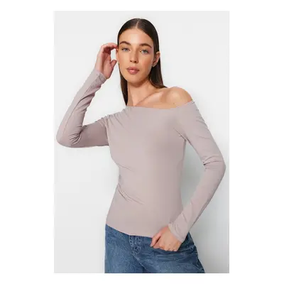 Trendyol Mink Boat Neck Off Shoulder Gathered Fitted Cotton Stretchy Knitted Blouse