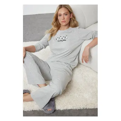 Trendyol Gray Melange Cotton Lamb Embroidered Knitted Pajama Set