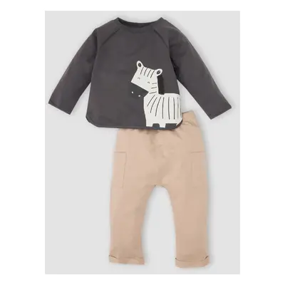 DEFACTO Baby Boy 2-Piece Set Zebra Printed Long Sleeve Sweatshirt Elastic Waist Pocket Bottom