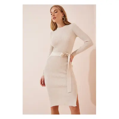 Happiness İstanbul Women's Cream Crew Neck Lycra Knitwear Dress