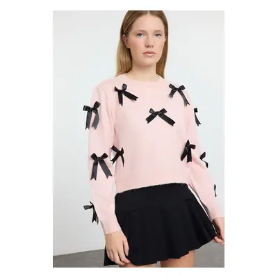 Trendyol Pink Soft Textured Ribbon/Bow Detailed Knitwear Sweater